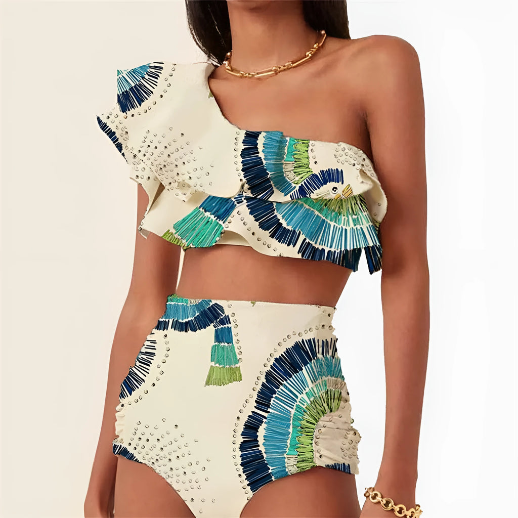 White women's one-shoulder swimsuit with lotus leaf design and side split detailing