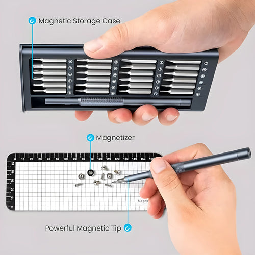 25-in-one magnetic screwdriver set with chrome vanadium steel bits and black ABS handle.