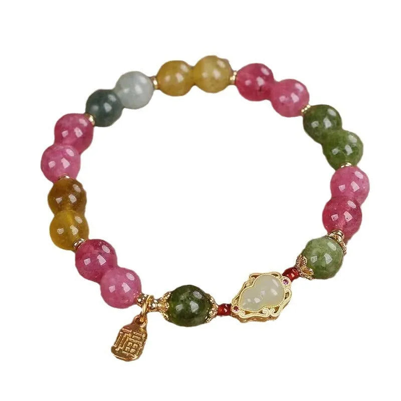 Colourful tourmaline gourd blessing card bracelet for women with electroplated finish.