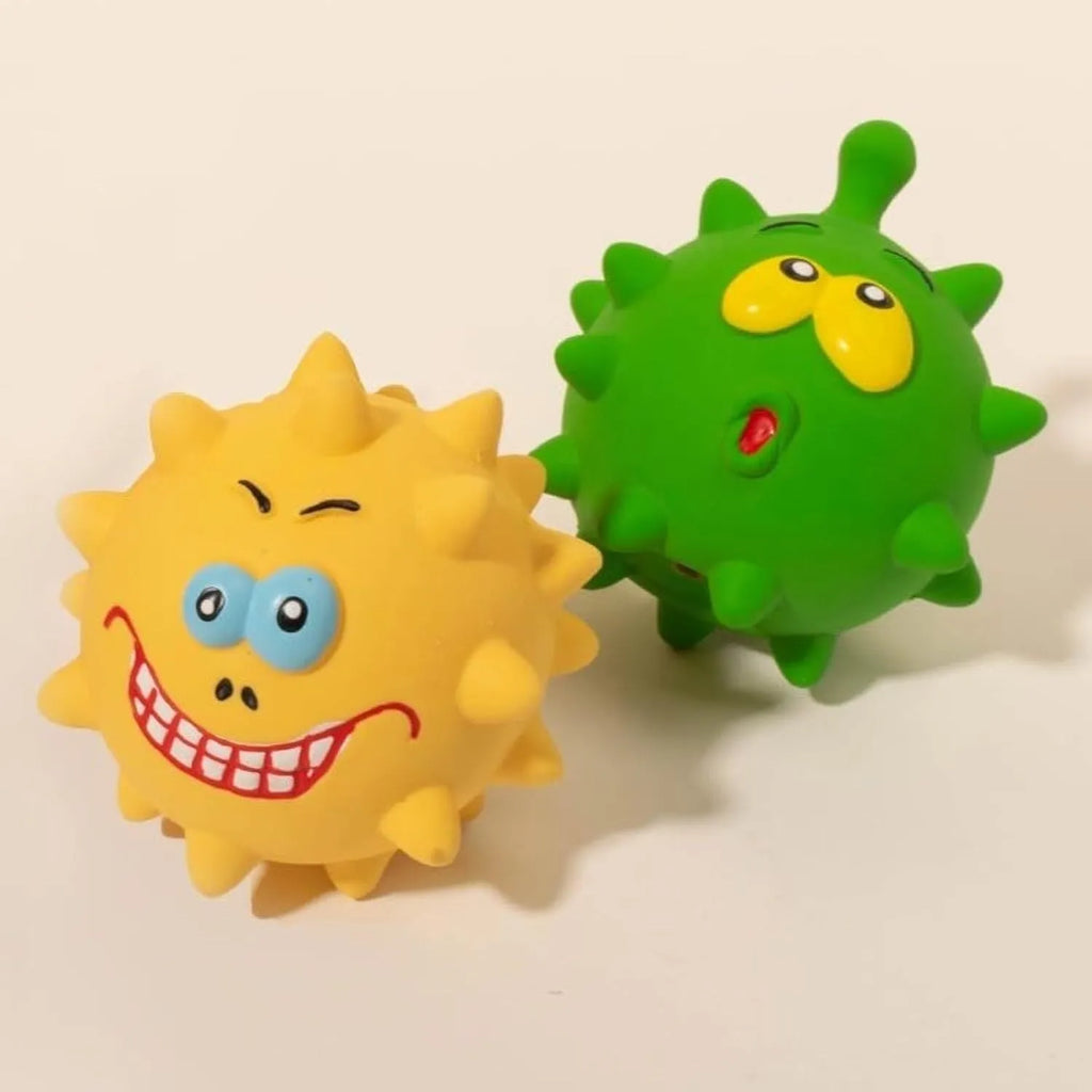 Four colourful latex squeaky dog balls with cute faces, each 7.5cm diameter