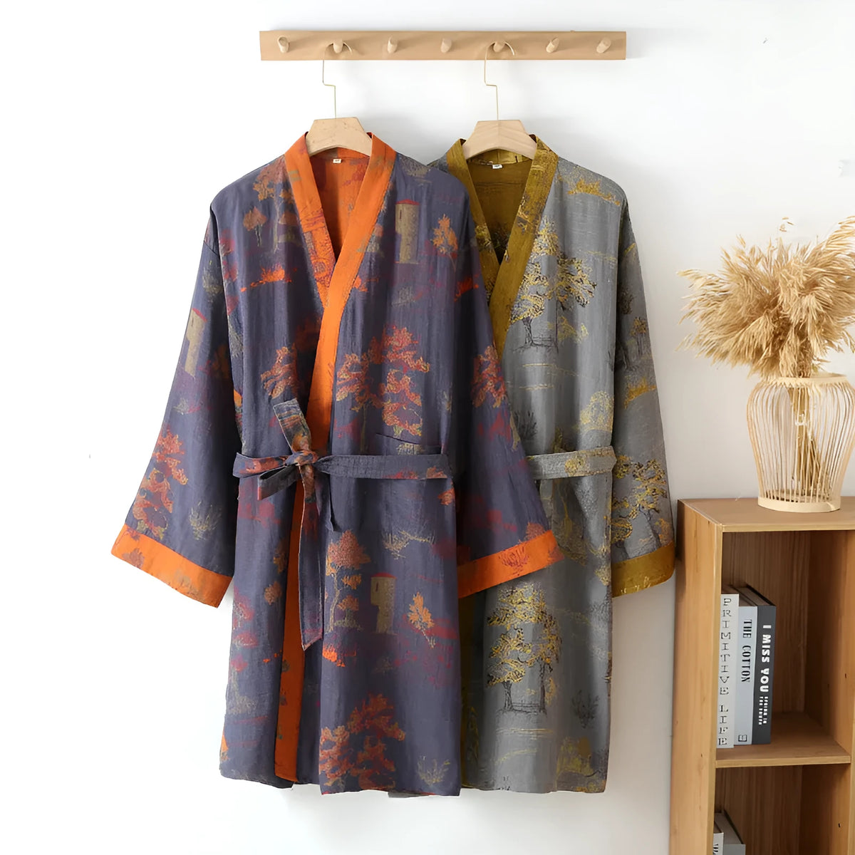Pure cotton jacquard Chinese style belt nightgown in gray green with belt detail