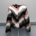 Korean style women's short coat in faux fur with O-neck and long sleeves.