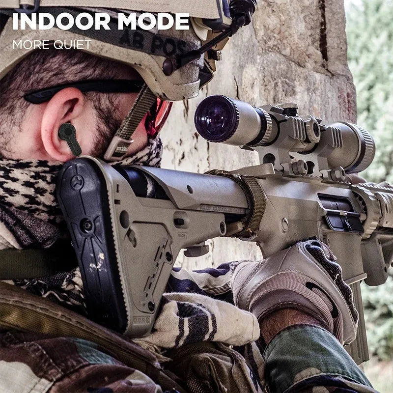 Tactical noise reduction earplugs in green, black, and mud colours with rechargeable pickup hearing for shooting and industrial use