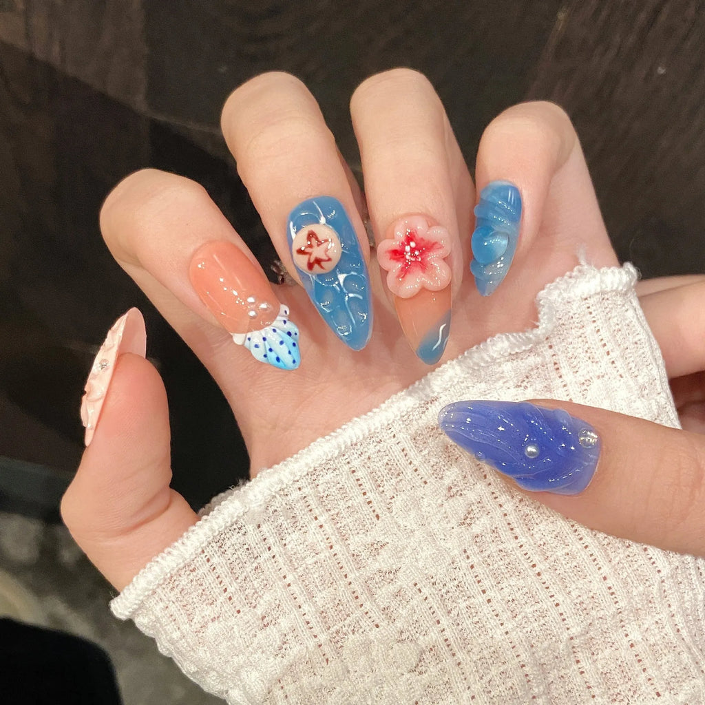 Plastic wearable armour with three-dimensional carved jellyfish design in almond nail colour