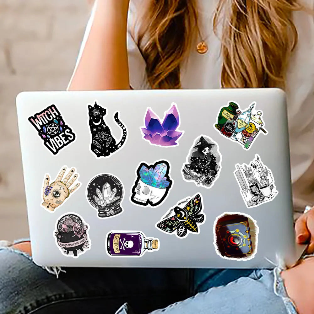 Pack of 50 colourful waterproof PVC stickers for luggage and scooter personalisation.