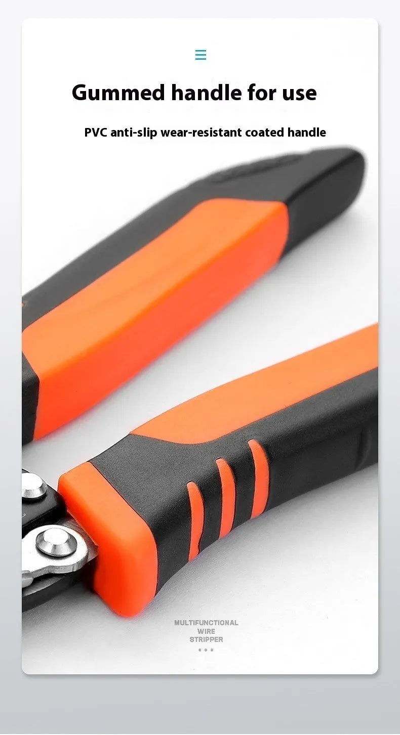 Fully automatic wire stripping pliers tool with high carbon steel blades on a white background.