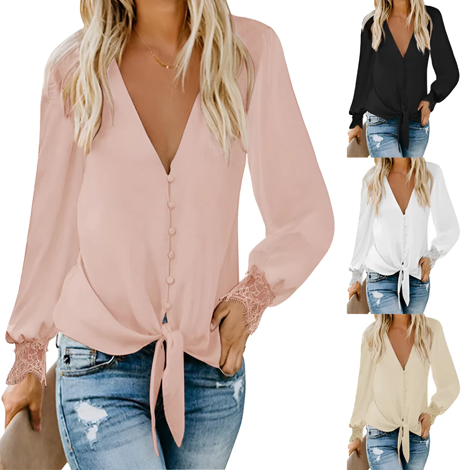 V-neck loose top with hem lace-up detail in solid colour polyester fabric