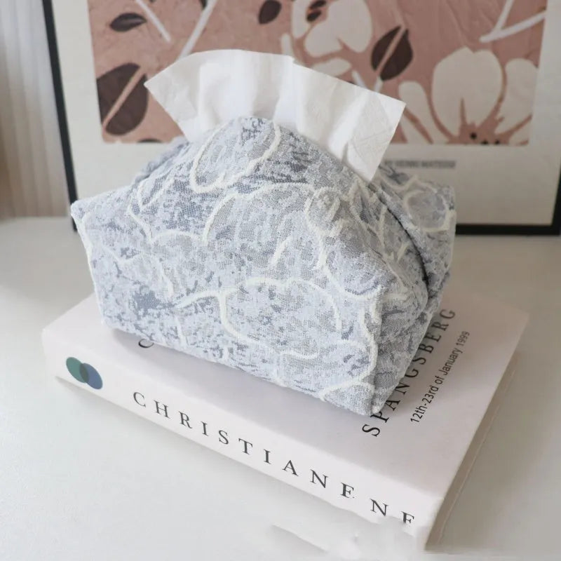 Chinese pastoral style cotton tissue box with rose print in beige, blue, or brown.