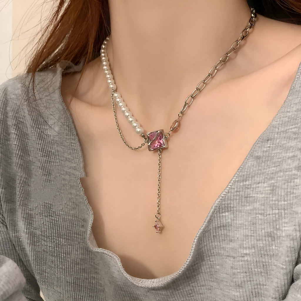 Pink crystal geometric necklace with stainless steel box chain and mixed gem inlay pendant