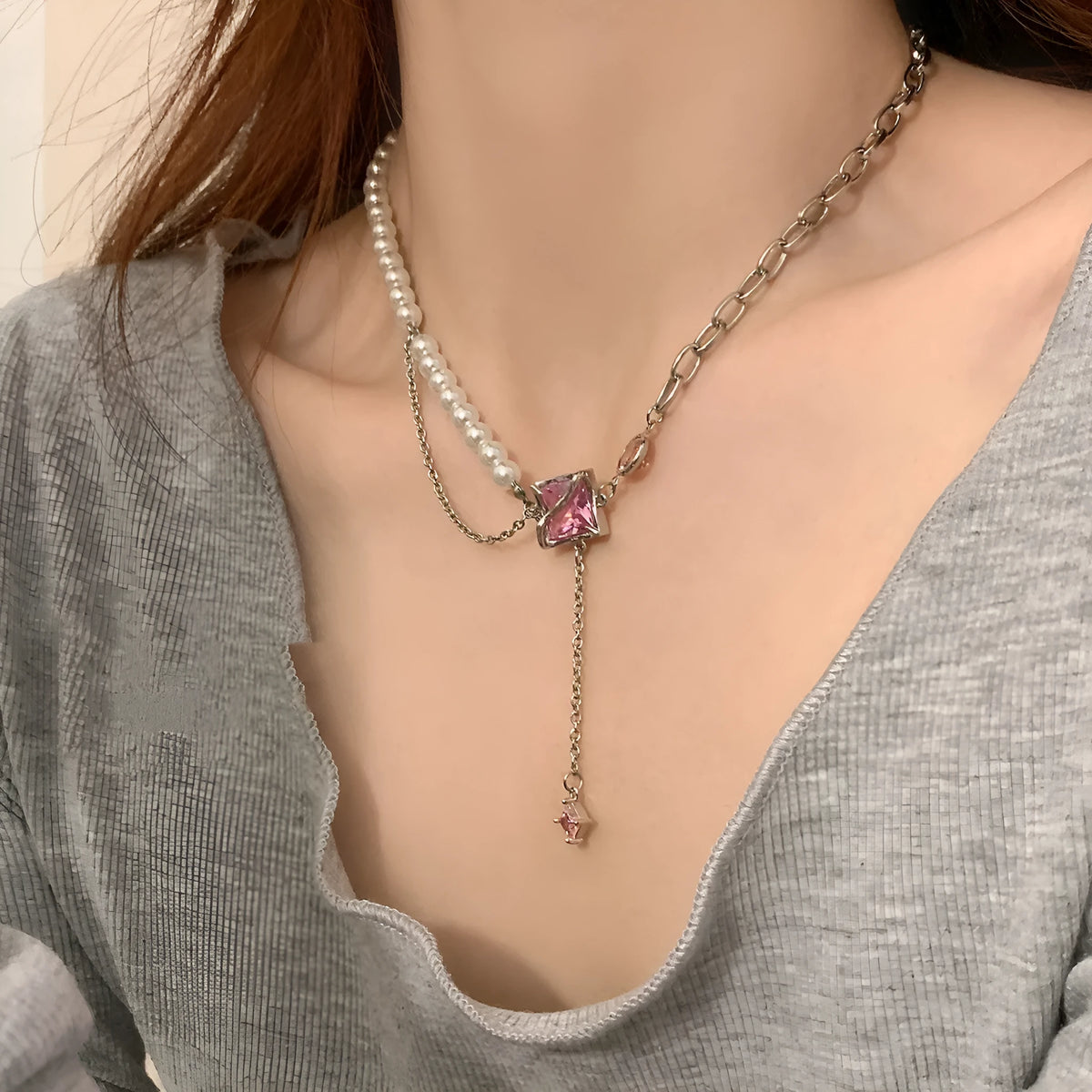 Pink crystal geometric necklace with stainless steel box chain and mixed gem inlay pendant
