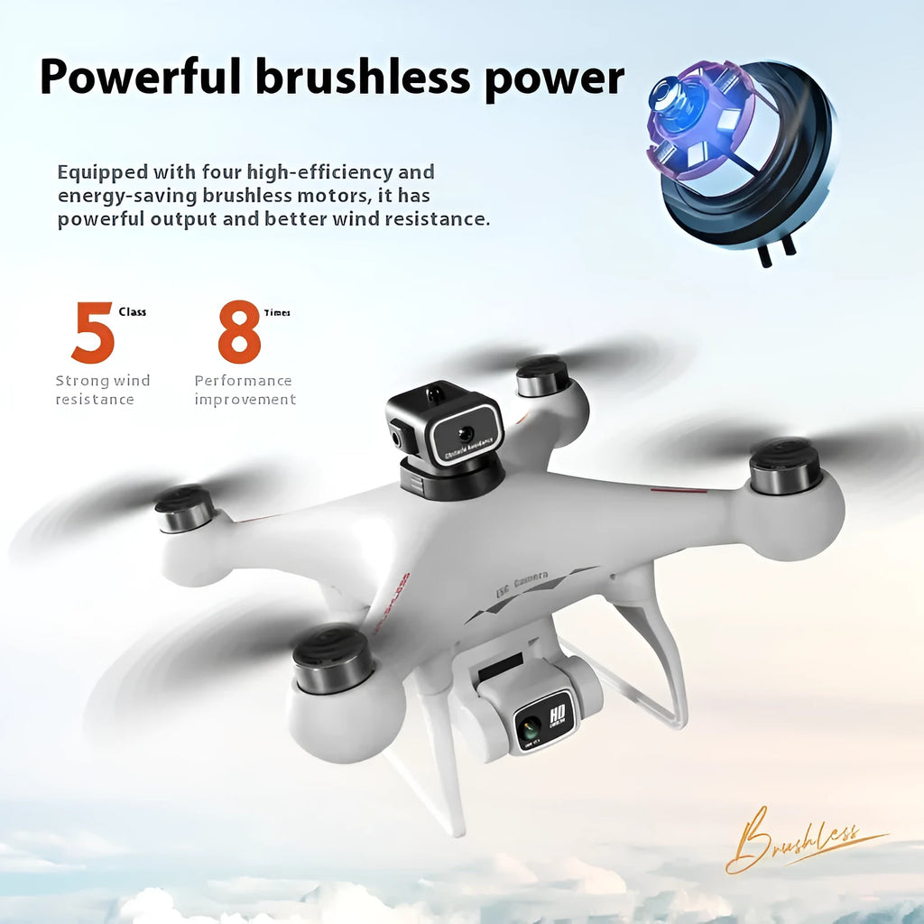 Black HD brushless motor UAV drone with four-side obstacle avoidance sensors and camera, remote control shown beside it.