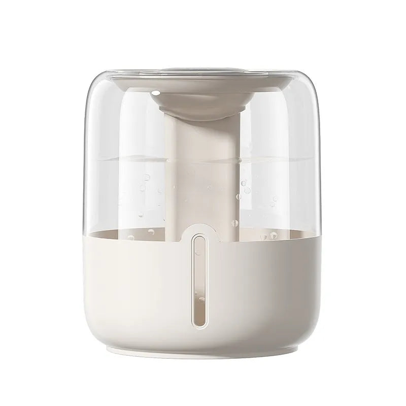 Beige round humidifier with dual spray nozzles, humidity display, and USB power port