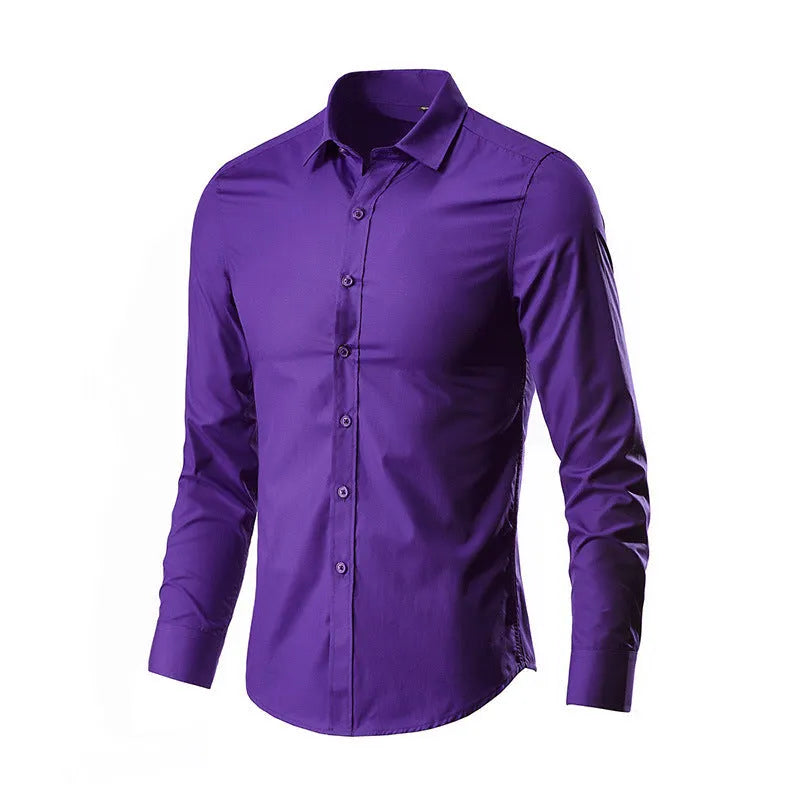 Men's loose fit long-sleeve linen shirt on a hanger, shown in a light colour.