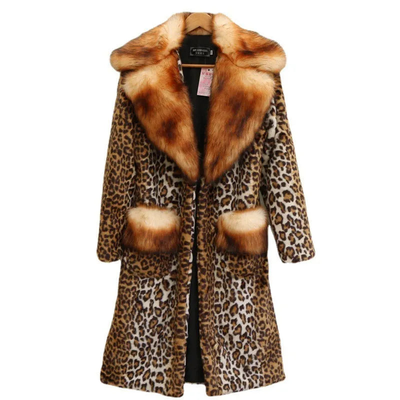 Women's long leopard print artificial fur jacket on a hanger.