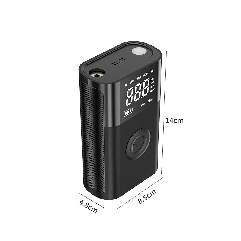 Wireless handheld digital tyre inflator with LCD screen, pressure gauge, and assorted nozzle attachments on a black background.