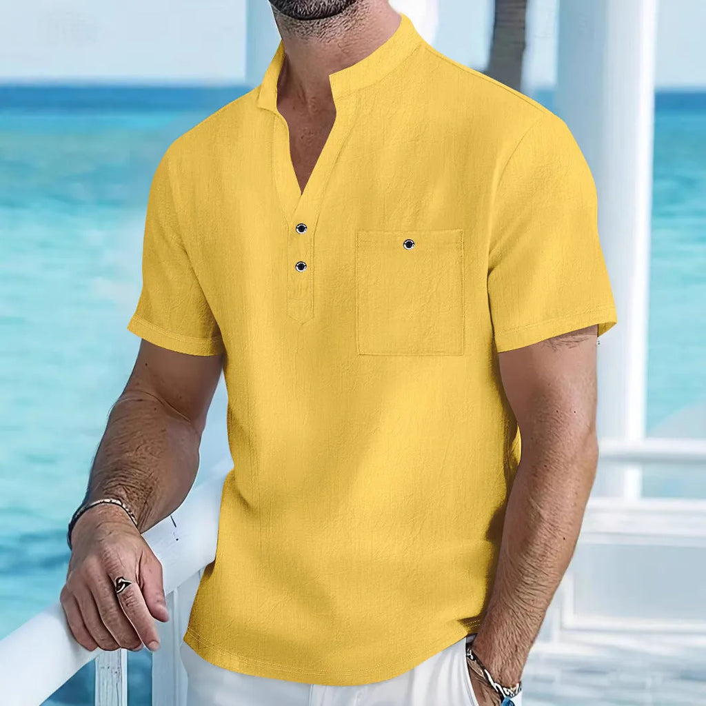 Men's loose-fit stand collar linen T-shirt in a solid colour on a hanger.