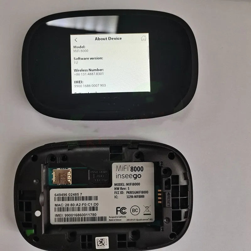 Black mifi8000 dual-core 4G portable wireless router with battery and data cable.