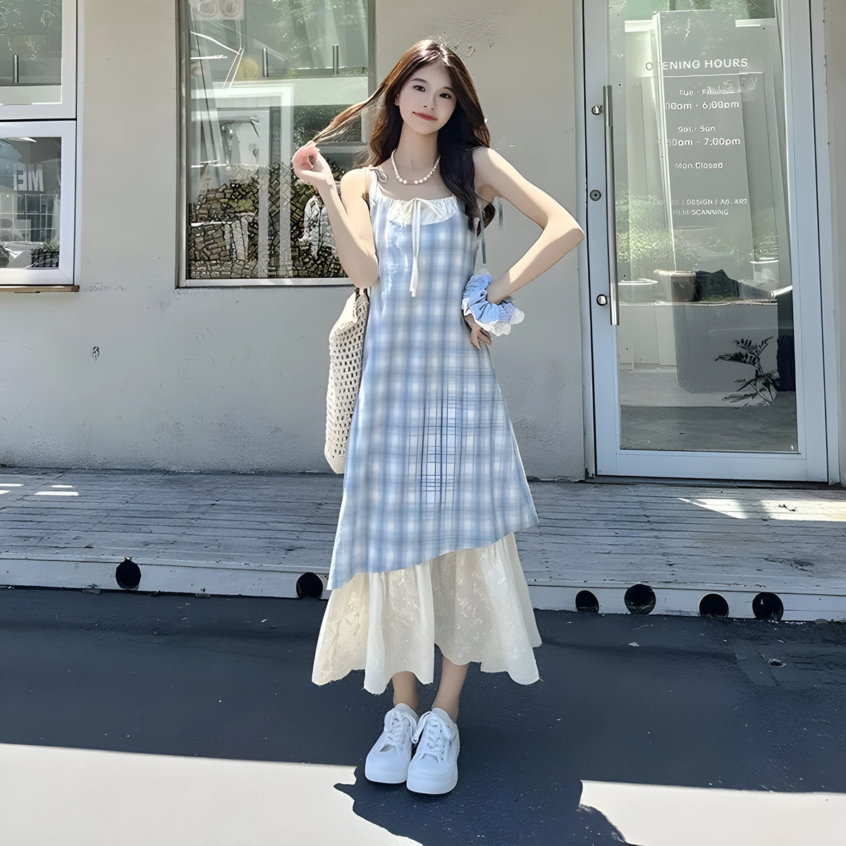 Loose patchwork plaid spaghetti strap sleeveless dress in blue for women