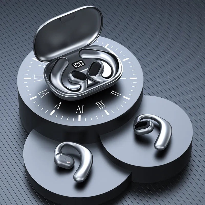 Black and white ear-mounted Bluetooth headset with digital display screen on ear.