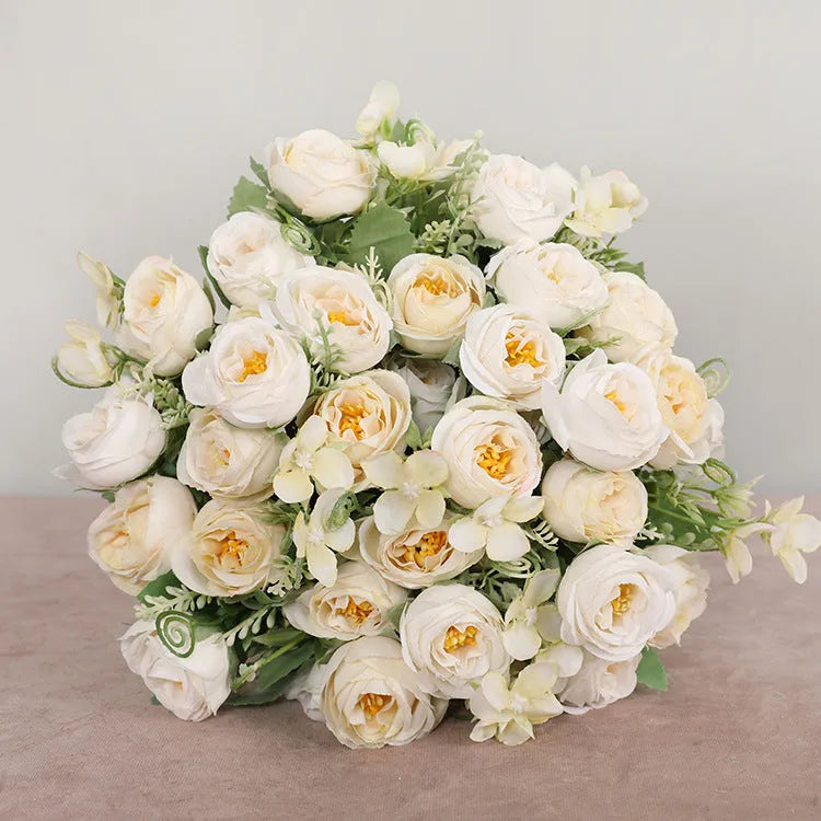Simulated 5-prong wedding rose bouquet with 10 spring roses in five colours, 30cm length
