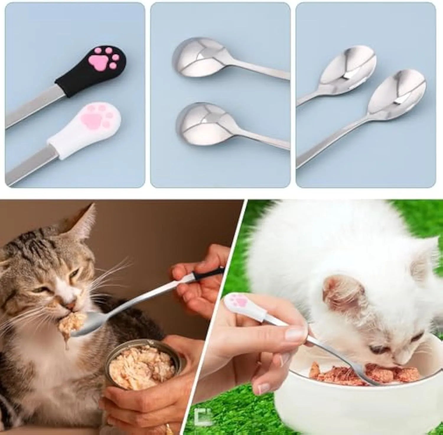 Two pet food spoons with cat paw design in white and black colours