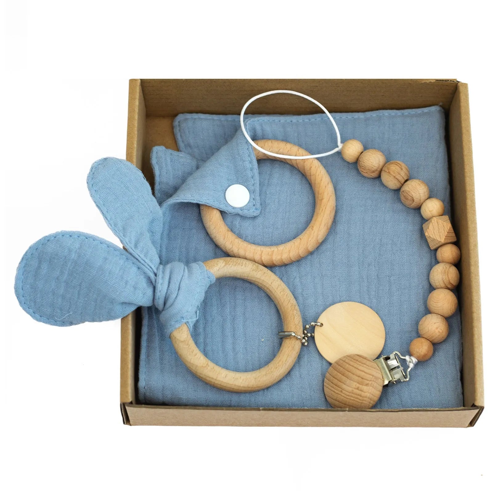Baby teething gift set with wooden toys and large bamboo-cotton gauze blanket in assorted colours