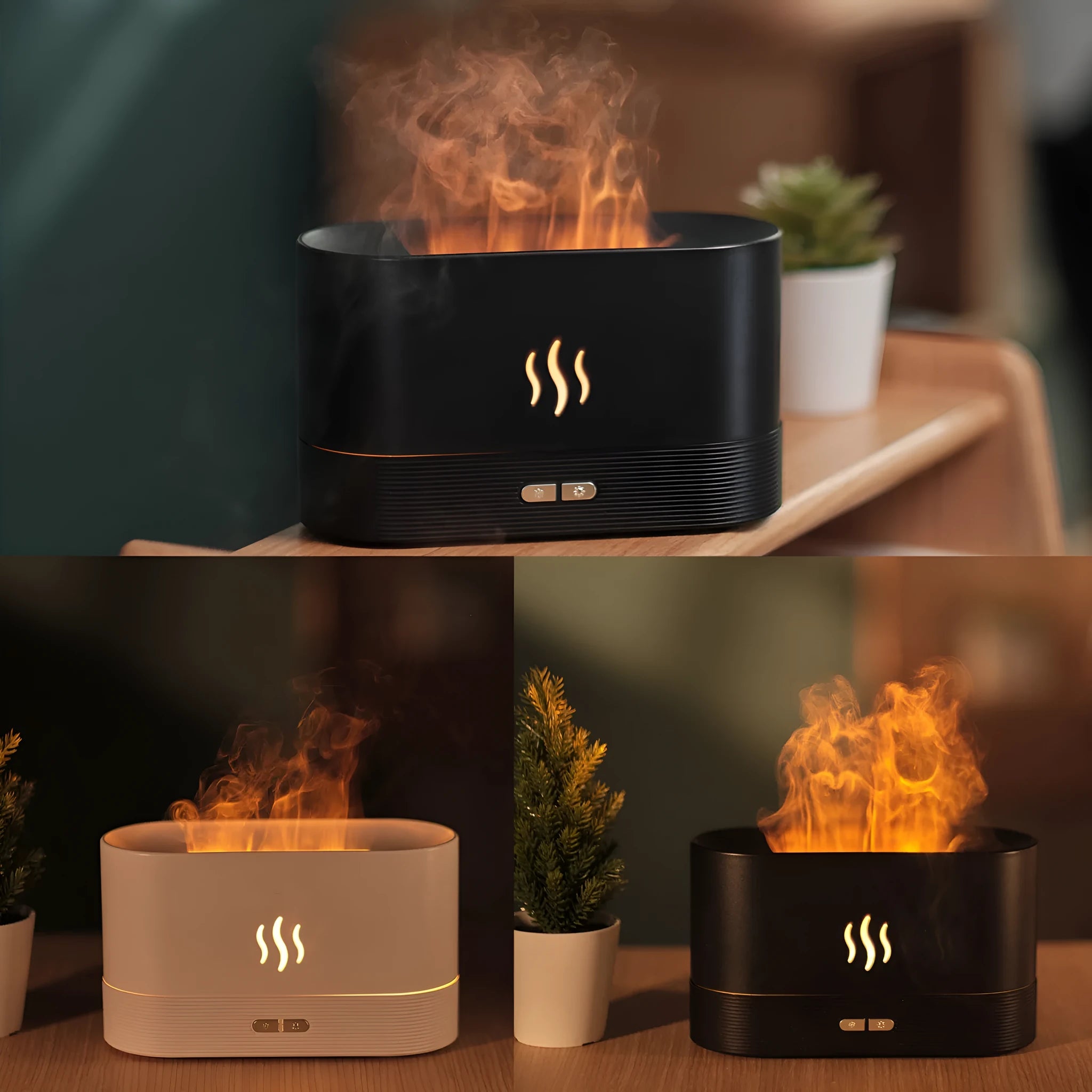 Black square ultrasonic aroma diffuser with LED flame light effect and mist output.