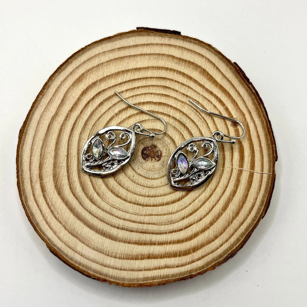 Silver alloy leaf earrings with embedded colourful moonstone gemstones for women