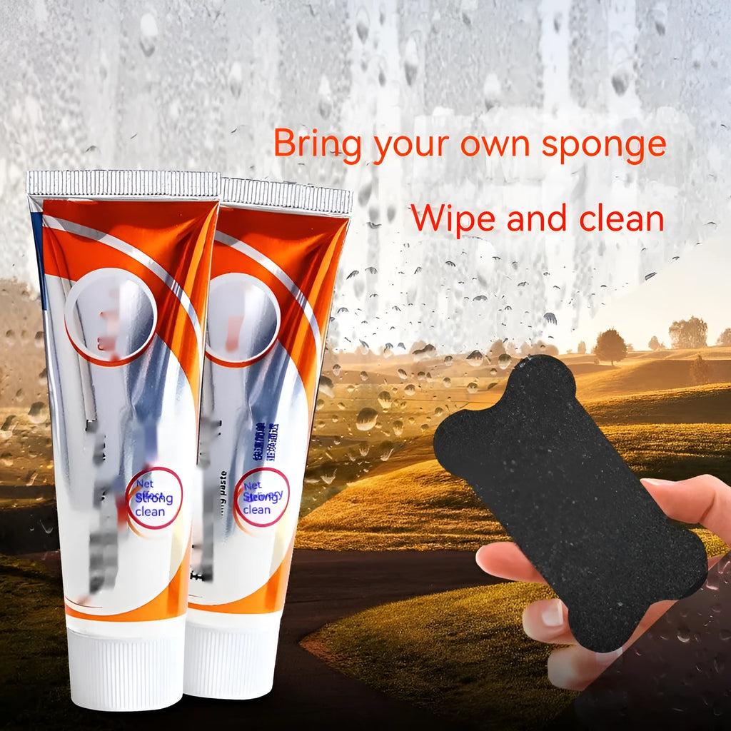 Car windshield cleaning agent tube with white paste for removing oil stains from automotive glass