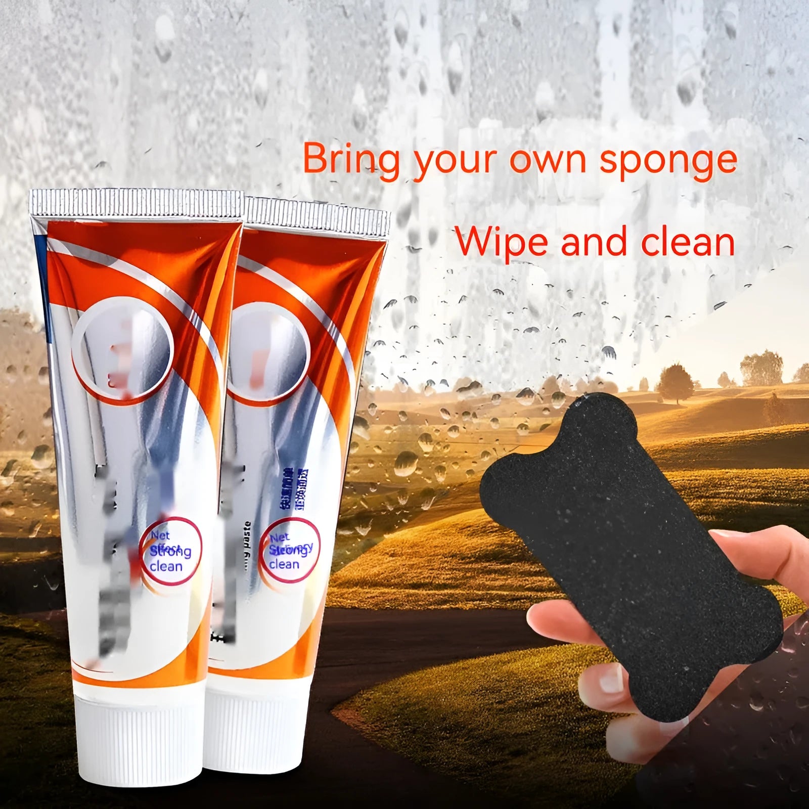 Car windshield cleaning agent tube with white paste for removing oil stains from automotive glass