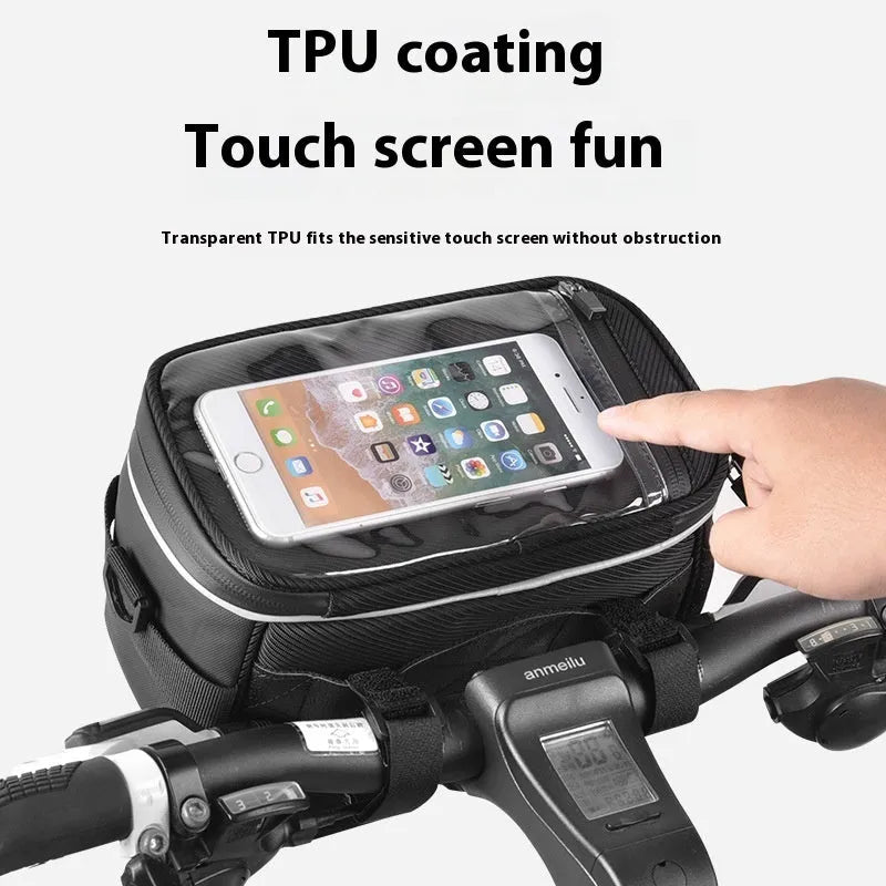 Black polyester bicycle handlebar bag with quick-release straps mounted on bicycle