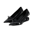 Women's black pointed toe Mary Jane shoes with floating heel design and slip-on closure