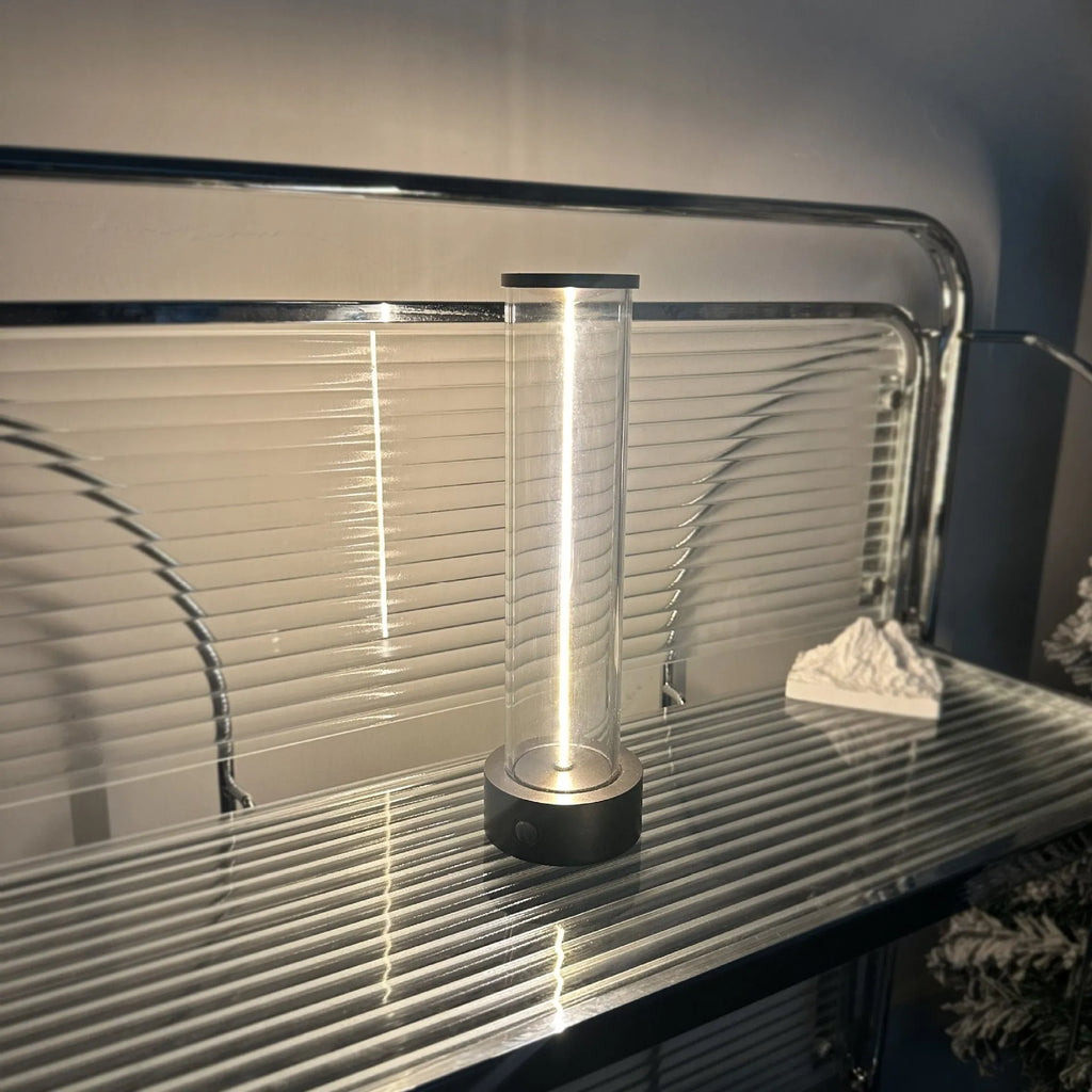 Slender vertical glass LED night light strip with magnetic back for USB charging