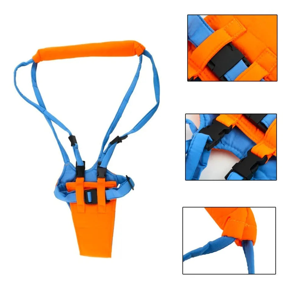 Baby toddler harness walk learning assistant in orange and blue with adjustable 52-62cm strap