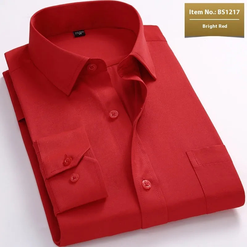 Men's long-sleeved linen business shirt in pink diagonal or red plain colours for spring casual wear
