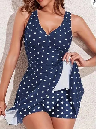 Blue polka dot print women's swimsuit with skirted bikini design, plus size