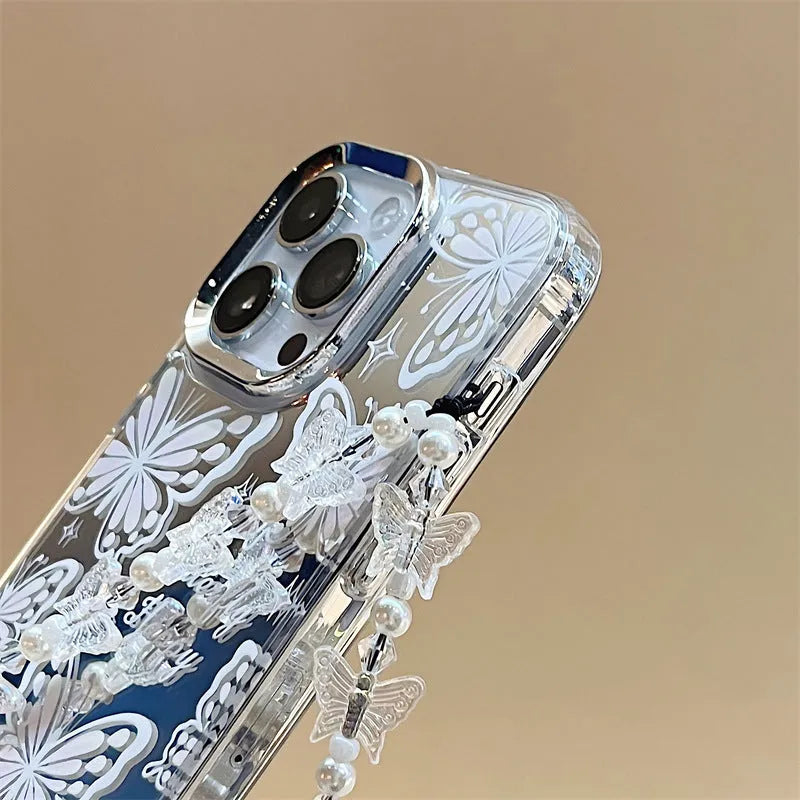 Transparent three-in-one mirror phone case with detachable bracelet strap for Apple iPhone