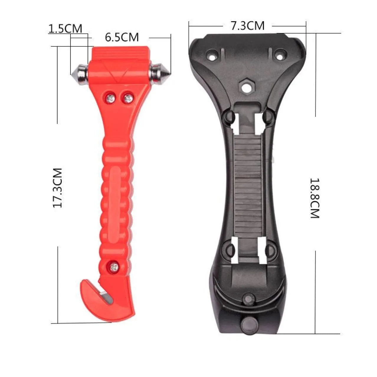 Red car life saving hammer with ABS carbon steel construction and integrated seatbelt cutter