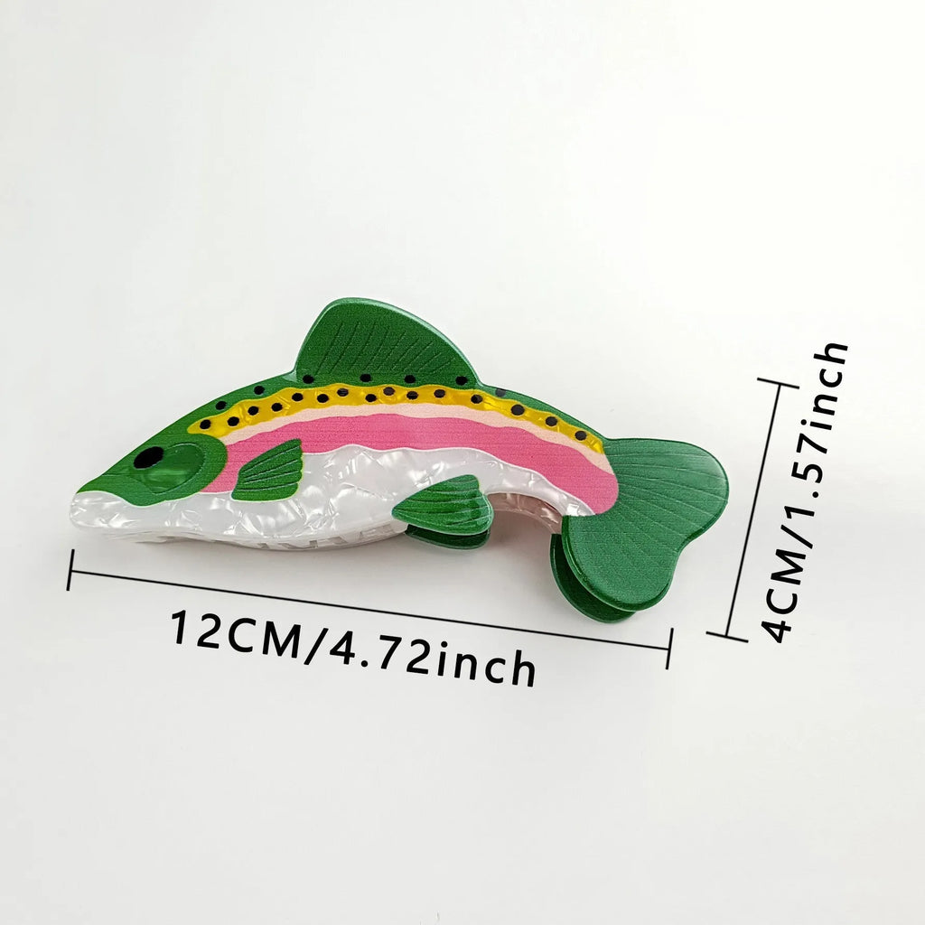 Dark green PVC hair clip with printed rainbow trout marine design and carp elements
