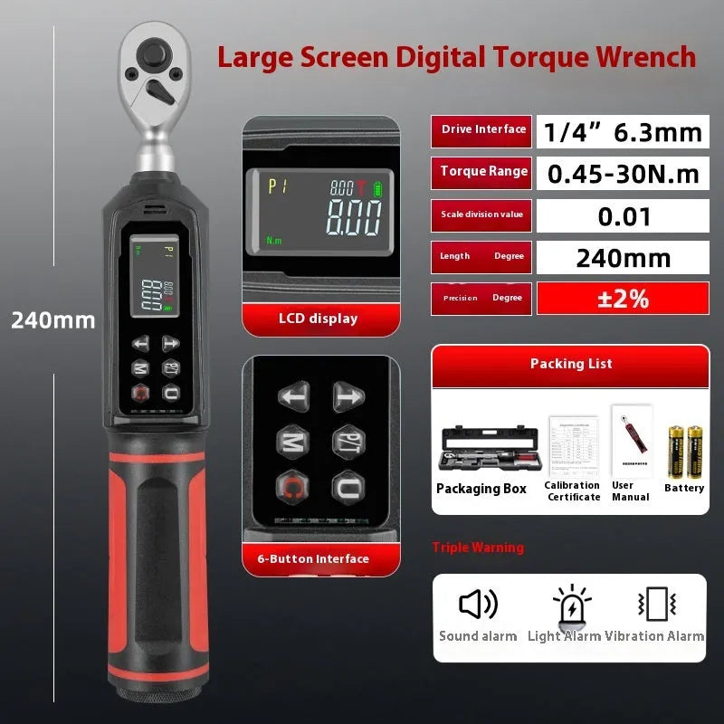 Digital display torque wrench showing electronic readout with chrome-vanadium steel construction