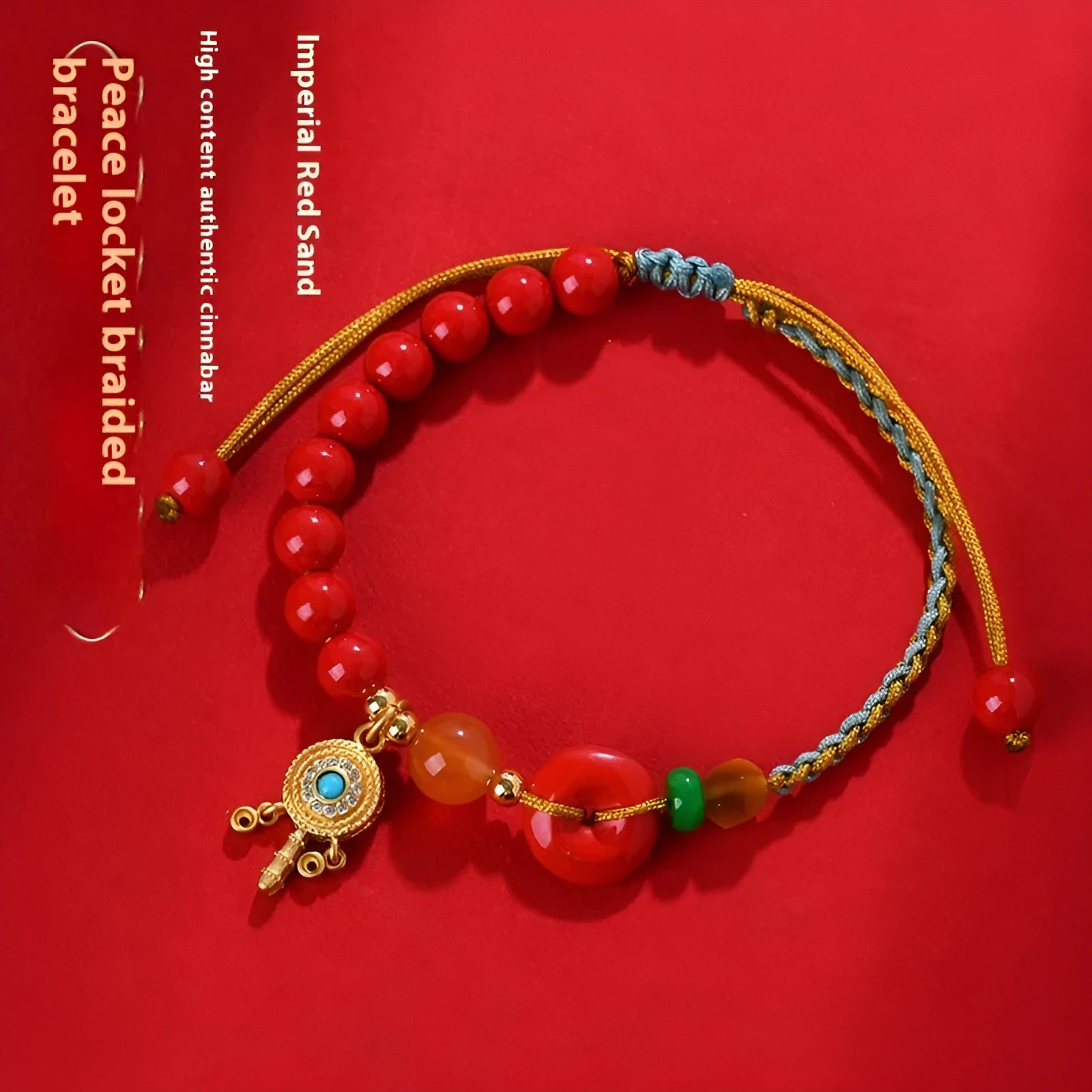 Emperor red sand cinnabar bracelet with hand-woven geometric patterns and peace buckle closure