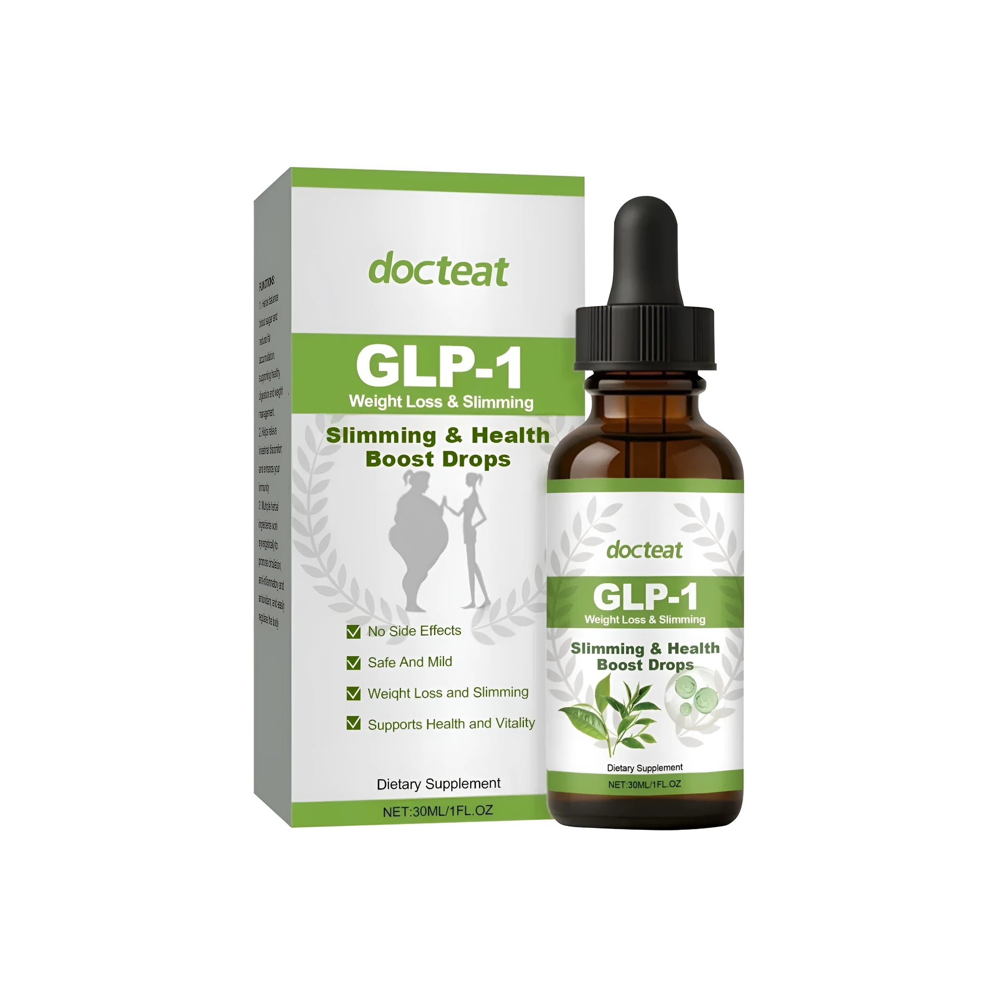 30ml bottle of Moringa and green tea extract intestinal health support droplets.