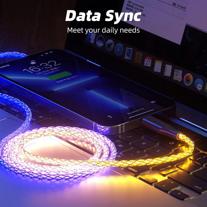 Colourful phantom gradient charging cable with Lightning, Micro USB, and Type-C connectors on a 1.2m cable