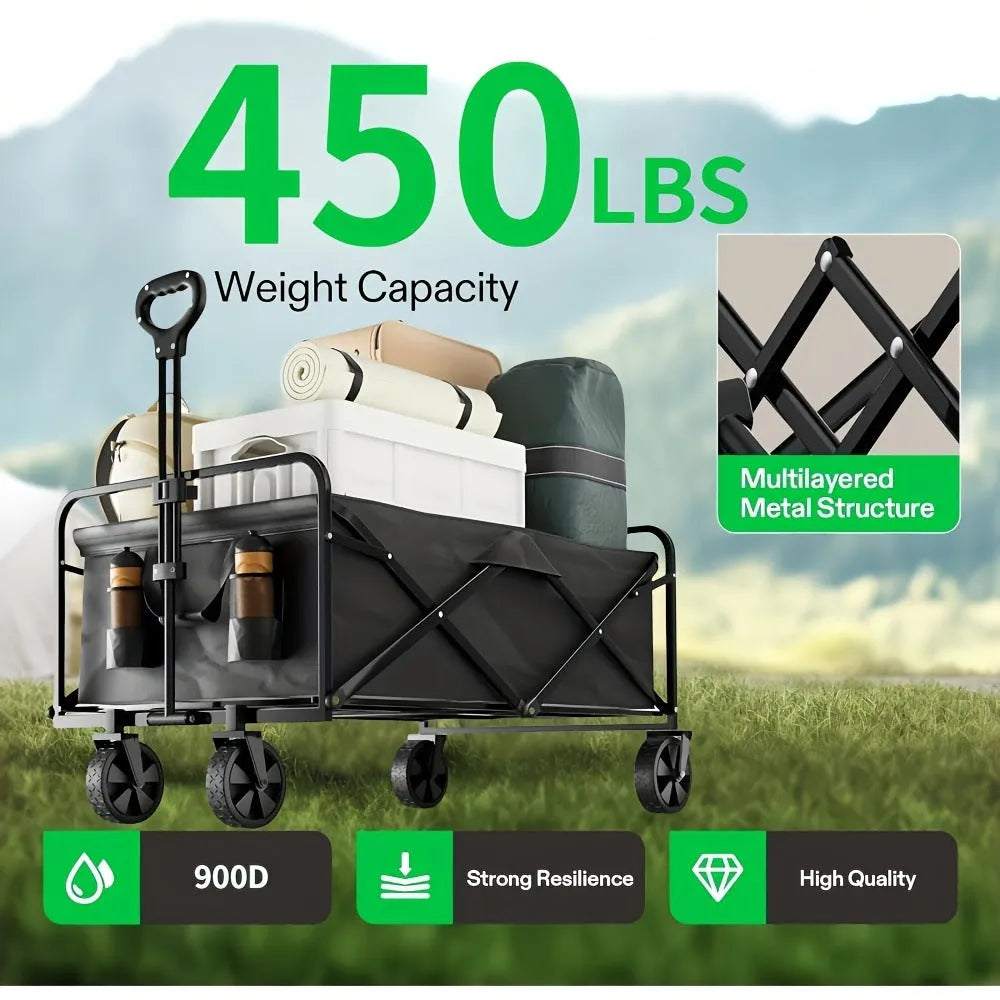 Collapsible heavy-duty metal garden wagon cart with storage box, shown folded and open.