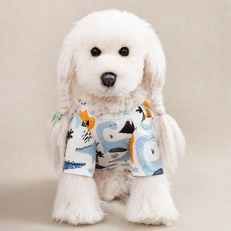 Small dog wearing a full printed casual t-shirt in one of the available colour options.
