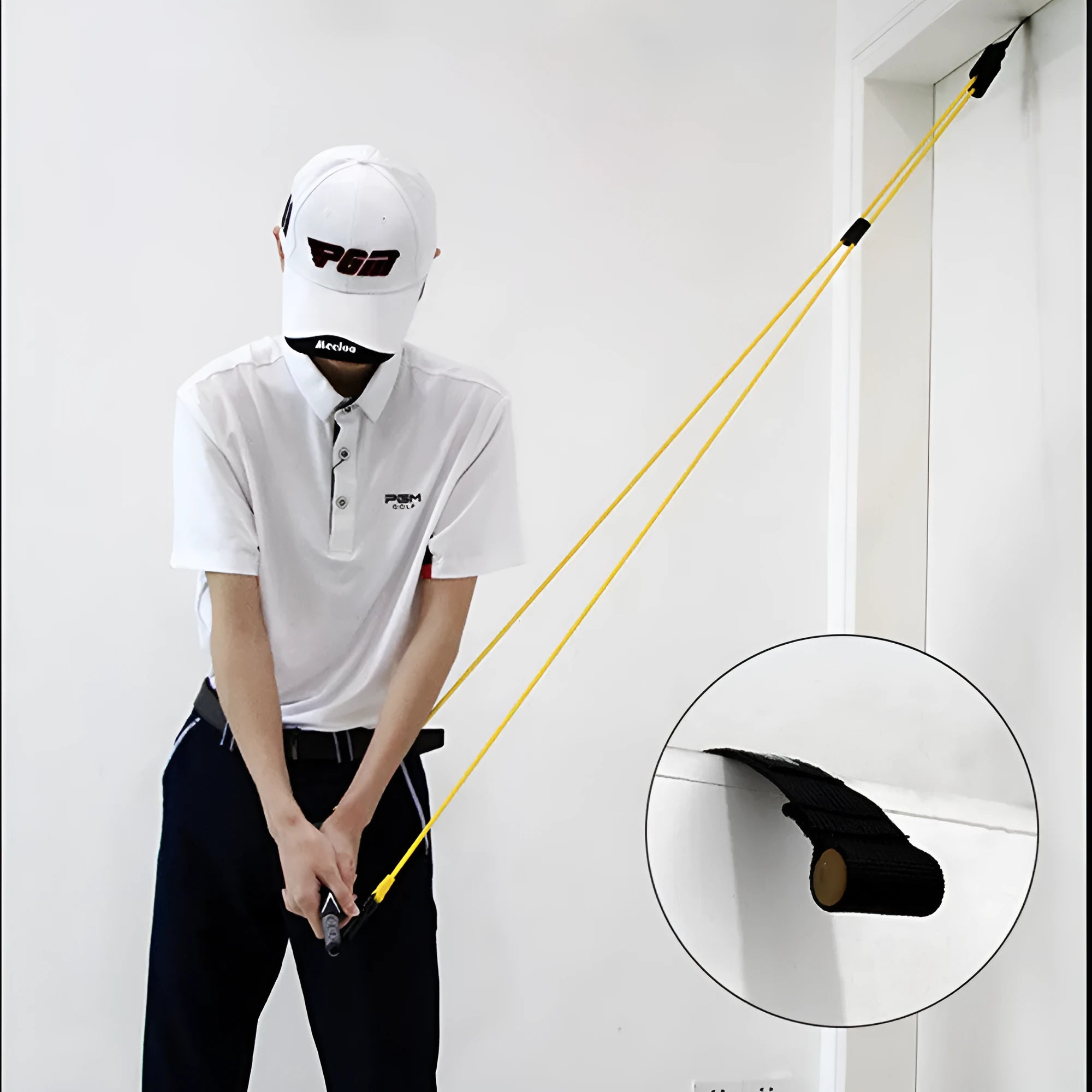 Yellow latex swing tensioner with safety door buckle and carry bag for home fitness training