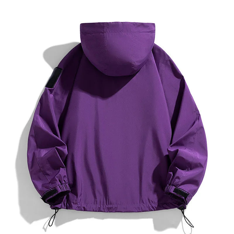Men's black waterproof windproof hooded jacket on a hanger, showing long sleeves and regular length.