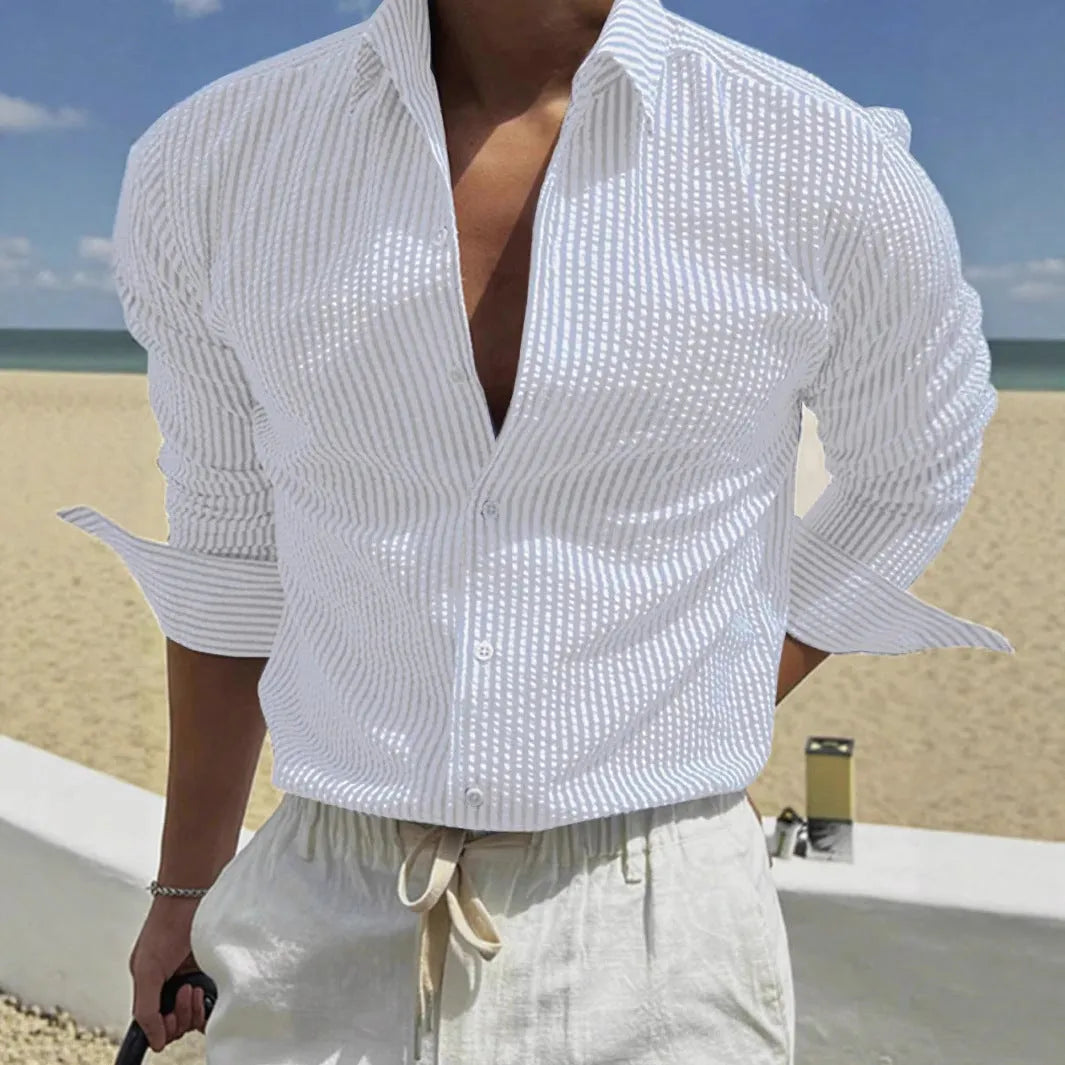 Fashion striped cardigan lapel long sleeve shirt in polyester fabric with lapel collar