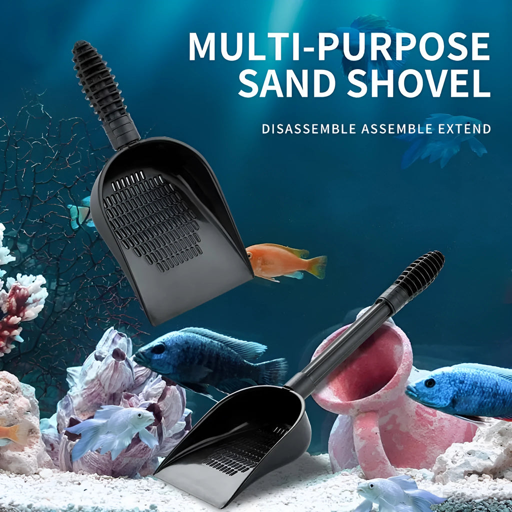 Fish tank multi-purpose sand shovel with removable mounting and quick-drain design, available in long and minimalist options
