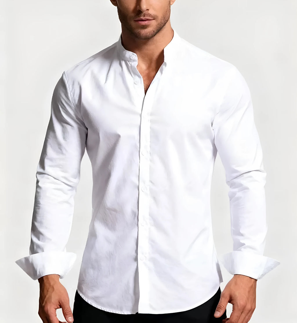Stand-up collar white shirt for teenage men, long sleeves, slim fit, white colour